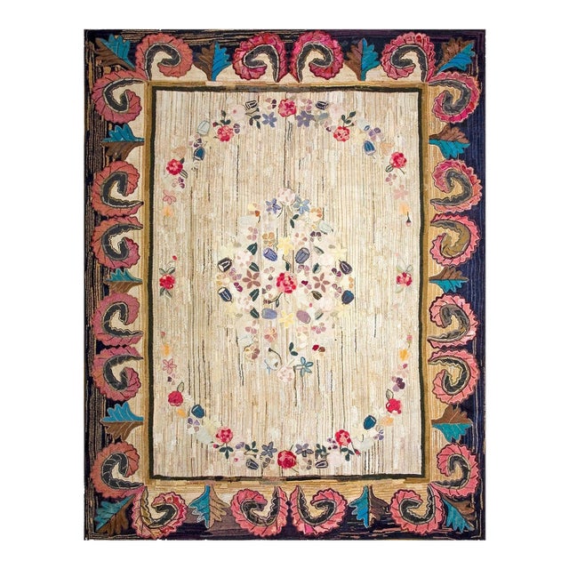 Wonderful Ivory Background Color With Dynamic Florid Design Antique American Hooked Rug For Sale