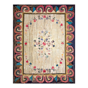 Wonderful Ivory Background Color With Dynamic Florid Design Antique American Hooked Rug
