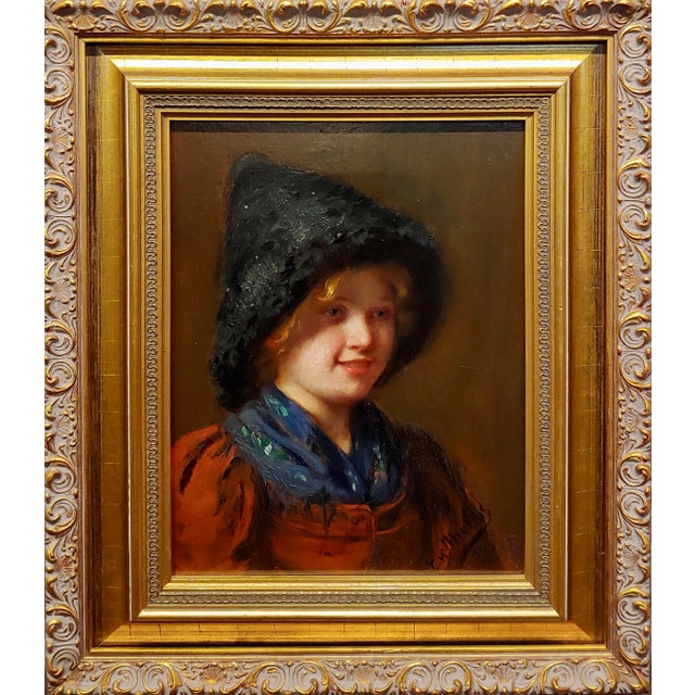 Emma Muller -19th c. Portrait of a Young Blonde w/a Furry Hat-Oil painting Austrian/German realism oil painting on board...