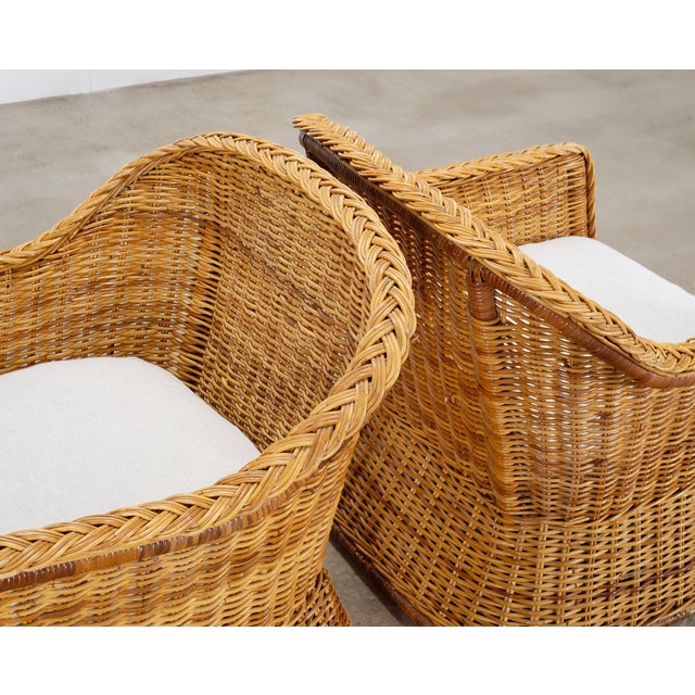 Wood Pair of Organic Modern Rattan Wicker Lounge Armchairs For Sale - Image 7 of 18