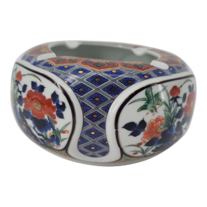 Vintage Japanese Imari Porcelain Drum Ashtray, Meito Mark, Hand-Painted Bird & Floral, Mid-Century