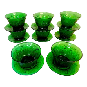 Antique Americana Art Deco Sandwich Glass Co. Pressed Oatmeal Cups, Saucers - 16 Pieces