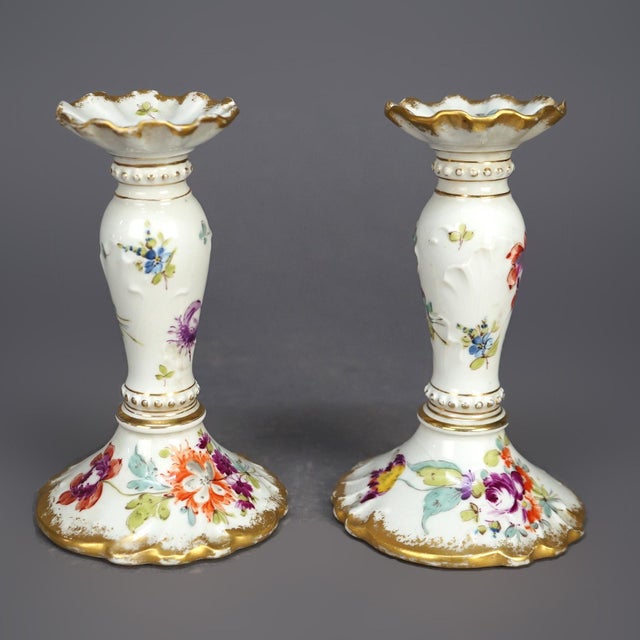 Early 20th Century Antique German Hand Painted & Gilt Floral Porcelain Candlesticks, Berlin 1900 For Sale - Image 5 of 9