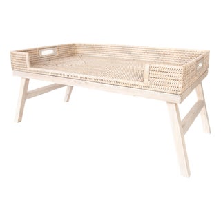 Artifacts Rattan Breakfast Tray Table in White Wash with Glass For Sale