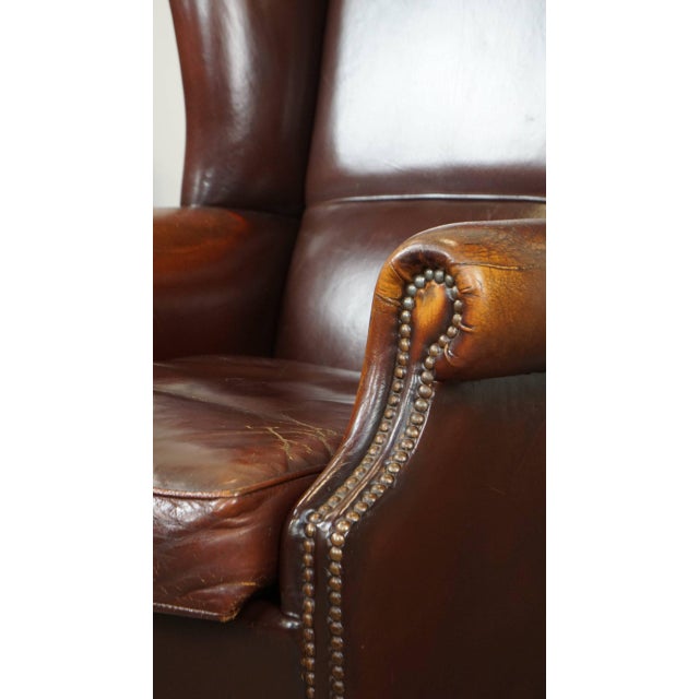 English Dark Leather Wing Chair For Sale - Image 11 of 13