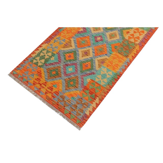 Tribal Navajo Style Kilim Blue Rust Hand Woven Rug - 2'9" X 9'9" For Sale - Image 3 of 7