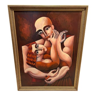 Late 20th Century Yuroz Cubist Figural Painting of Embracing Couple in Gilt Frame For Sale