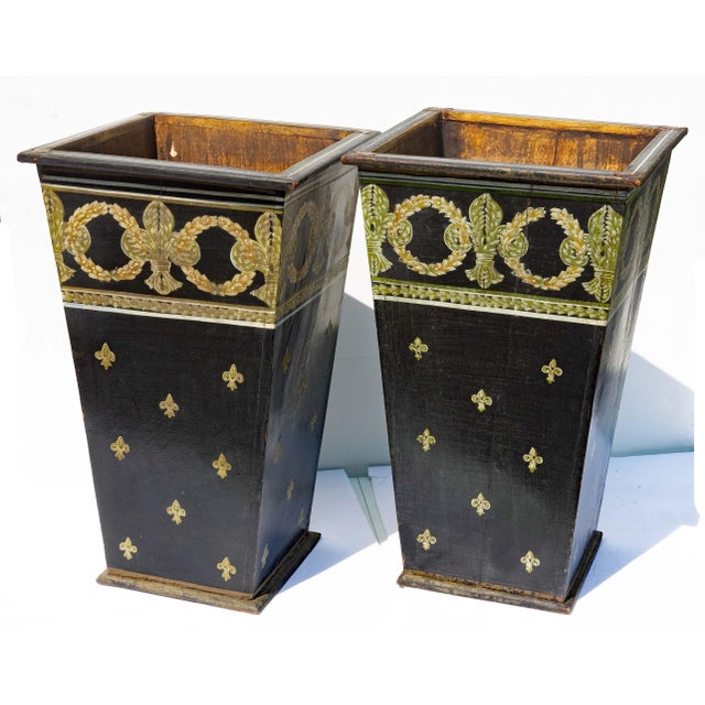 Neoclassical style hand painted wooden vases. Solid wood. Circa 1960's. Near pair. Slight difference in color.