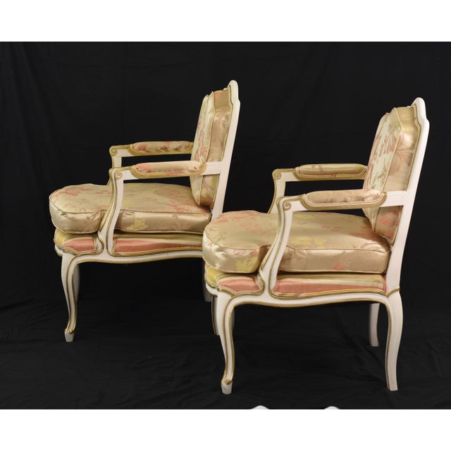 Pair Scalamandre Mallorcan Salmon Magical Silk Lampas Reupholstered Vintage Accent Chairs For Sale - Image 14 of 15
