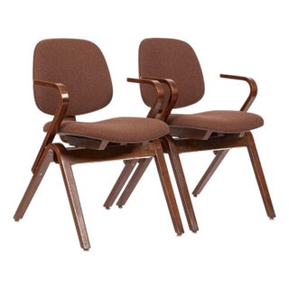 Pair Mid Century Brown Plywood Arm Chairs by Joe Atkinson for Thonet For Sale