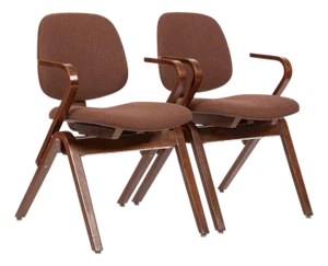 Pair Mid Century Brown Plywood Arm Chairs by Joe Atkinson for Thonet