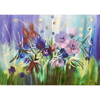 Milia Laufer, Israeli Large Vibrant Surrealist Flowers Oil Painting, c.1950s For Sale