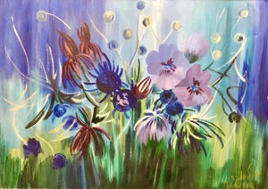 Milia Laufer, Israeli Large Vibrant Surrealist Flowers Oil Painting, c.1950s