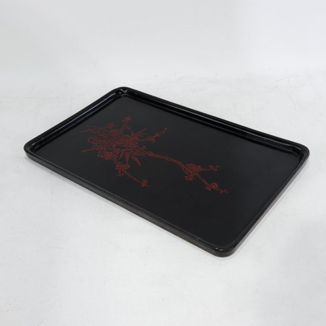 Vintage Chinese Black Lacquer Rectangular Serving Tray - Red and Gold Plum Blossom Motif For Sale - Image 11 of 16