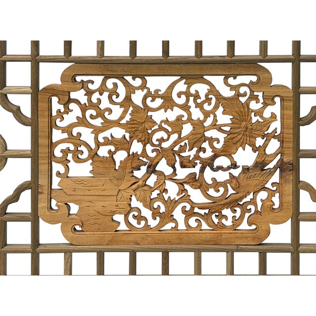 Wood 58" Chinese Rectangular Flower Birds Geometric Wood Wall Panel For Sale - Image 7 of 11