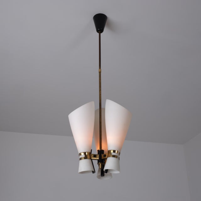 Metal Italian Brass, Black Metal and Opaline Glass 3-Light Pendant, 1950s For Sale - Image 7 of 9