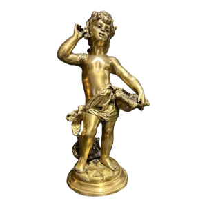 Antique, French, Bronze Statue of a Girl Gathering Flowers in Her Baskets