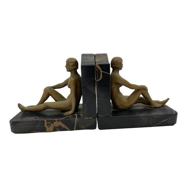 French Nude Flapper Girl Spelter Metal & Marble Bookend Pair, 1920 For Sale