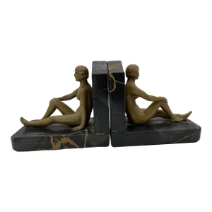 French Nude Flapper Girl Spelter Metal & Marble Bookend Pair, 1920