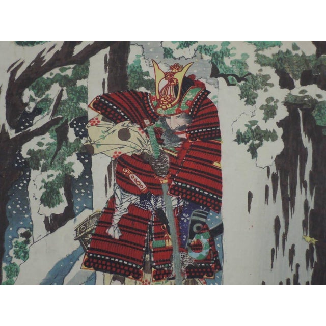 1882 Toyoyoshi Triptych | Tadanobu's Disguised Ride on Snowy Mt. Yoshino | Antique Meiji Print For Sale - Image 6 of 9