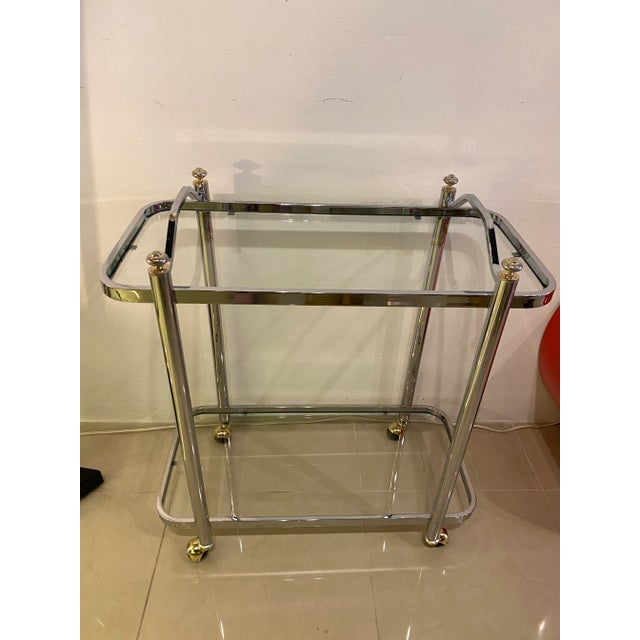 Brass Vintage Chrome & Brass Barcart Bar Cart 2 Glass Shelves Restored For Sale - Image 8 of 12