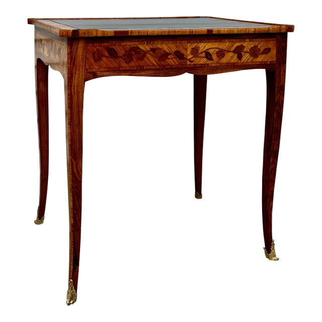 Antique French Louis XV Style Tulipwood Marquetry Writing Table or Side Table With Leather Top For Sale