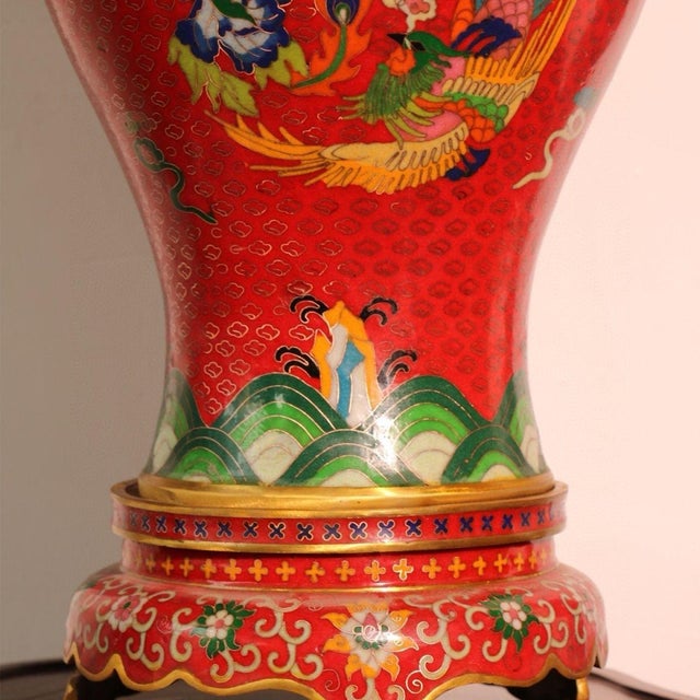 Metal Pair of Chinese Cloisonné Vases | Red Ground Dragon & Phoenix Motif With Stands For Sale - Image 7 of 9