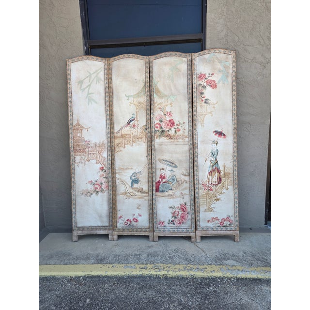 Vintage Four Panel French Chinoiserie Fabric Screen For Sale - Image 14 of 15