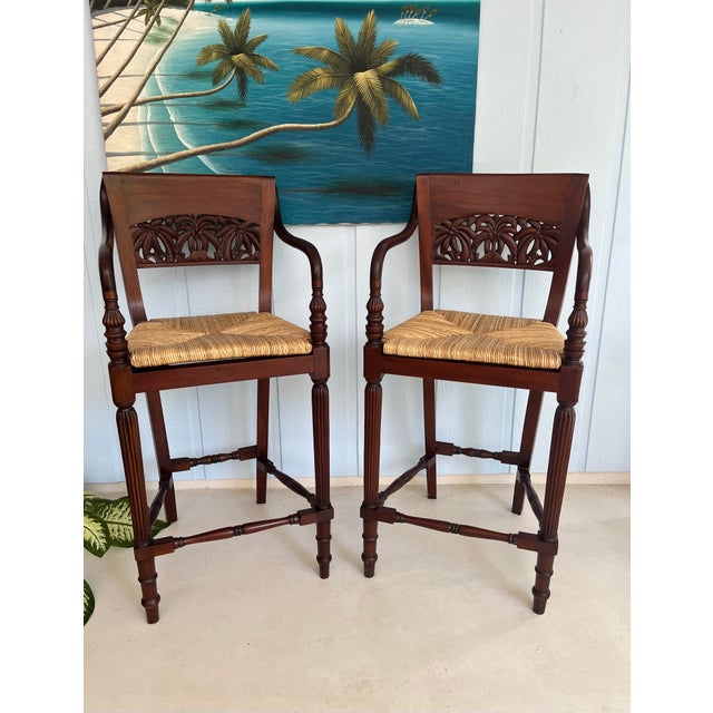 Coastal 1990s Pair of Mahogany Counter Stools-Woven Rush Seat-Ornate Carving Back-High Quality Special Armchairs For Sale - Image 3 of 11