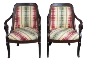 Antique American Empire Mahogany Plaid Scrolled Parlor Armchairs