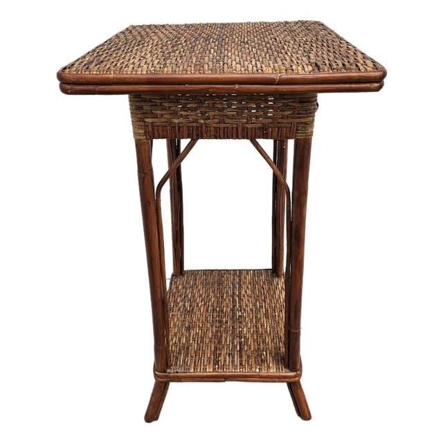 Palecek Tall Square Woven Rattan Bamboo Side Table For Sale