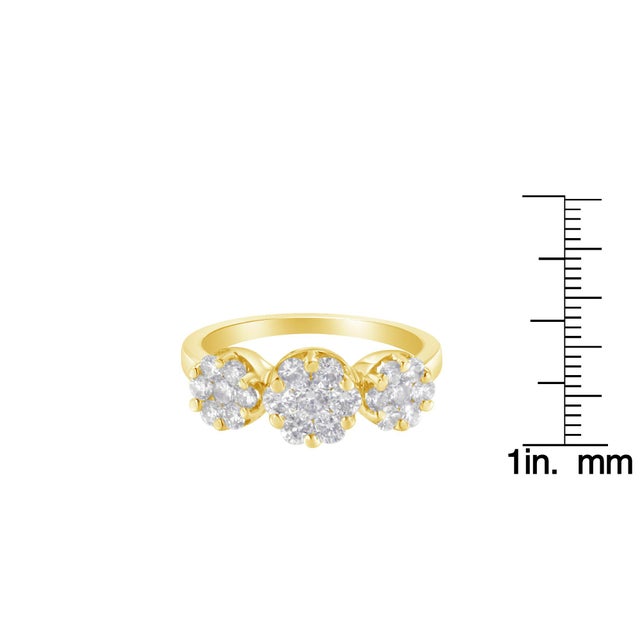 Metal 14K Yellow Gold 1-1/4 Cttw Brilliant Cut Diamond Three Round Floral Clusters Engagement or Fashion Ring (H-I Color, SI2-I1 Clarity) - Size 7 For Sale - Image 7 of 7