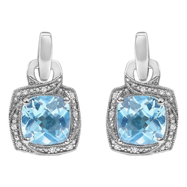 Sterling Silver Cushion Cut Blue Topaz and Diamond Accent Geometric Dangle Earrings For Sale