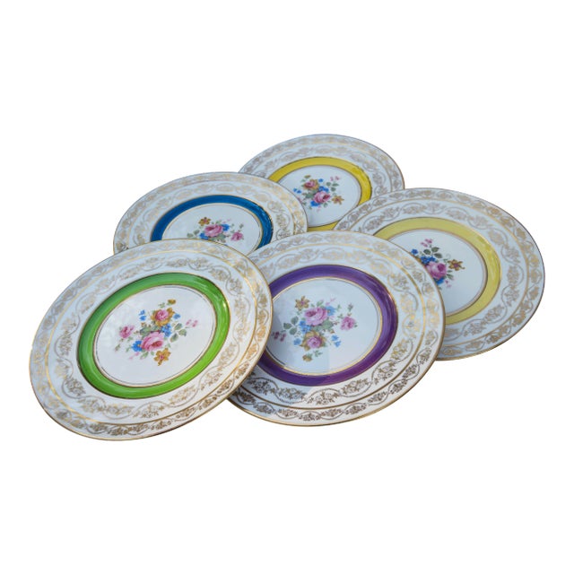Mid 20th Century Golden Plates with Colorful Floral Motif- Set of 5 For Sale