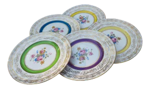 Mid 20th Century Golden Plates with Colorful Floral Motif- Set of 5
