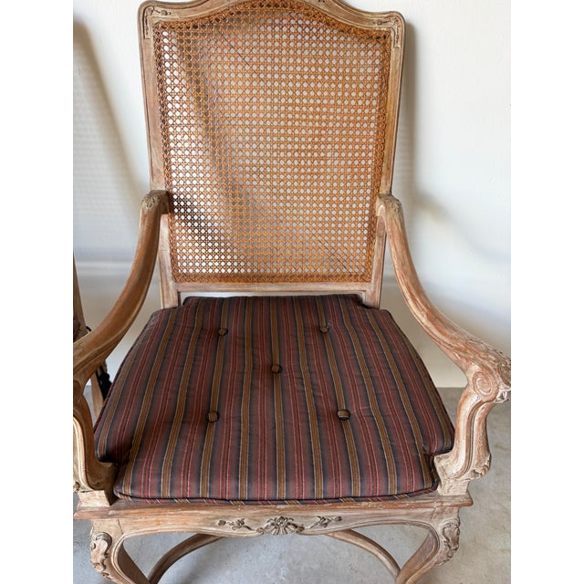 Vintage Hollywood Regency Louis XV-Style Carved Wood & Cane Armchairs – A Pair For Sale - Image 13 of 13