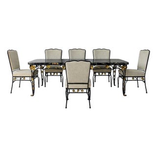 Edgar Brandt Style French Art Deco Wrought Iron Dining Table & 6 Chairs For Sale