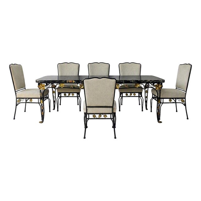 Edgar Brandt Style French Art Deco Wrought Iron Dining Table & 6 Chairs For Sale