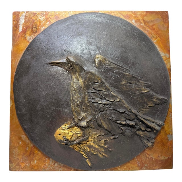 Vintage Handmade Gilt Bronze Raven Steals the Sun Relief Wall Plaque Sculpture For Sale