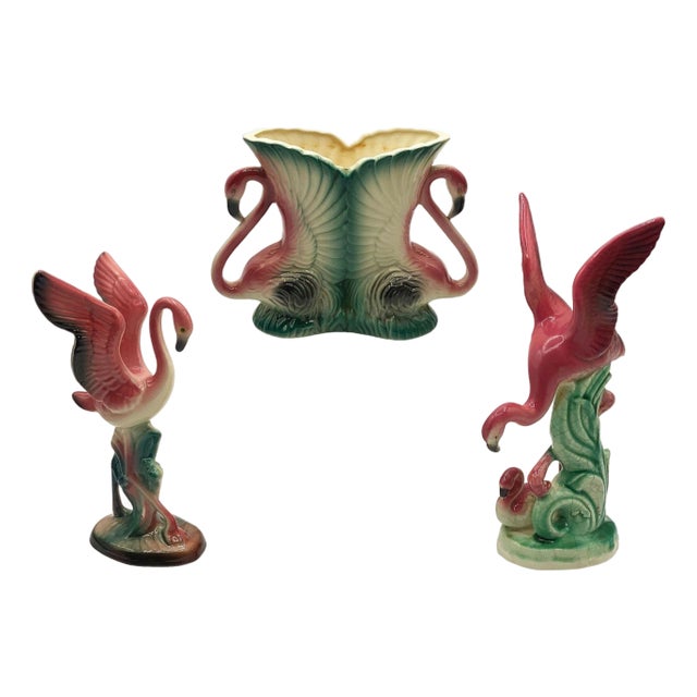 Mid-Century Ceramic Flamingo Figurine & Vase Set by Maddux & Leftons- 3 Pieces For Sale