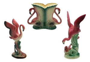 Mid-Century Ceramic Flamingo Figurine & Vase Set by Maddux & Leftons- 3 Pieces