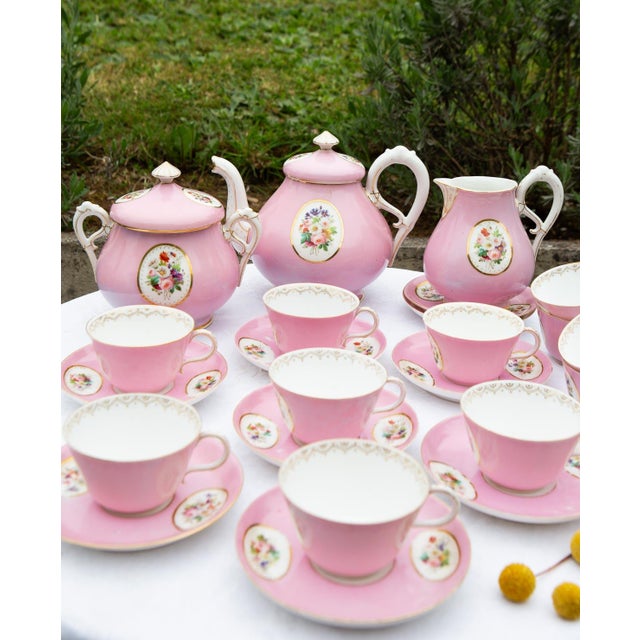 Green Pink Porcelain Tea Service for 11 with Medallion from Vieux, Paris, 1900s, Set of 25 For Sale - Image 8 of 14