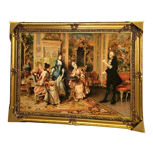 European-Style Decorative Wall Art – Romantic Interior Scene Print With Ornate Gold Leaf Frame For Sale