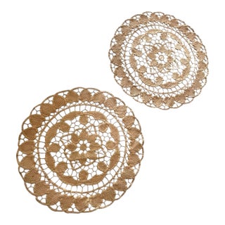 Vintage Tatting Doilies Crewel Tan Hearts Home Decor Farmhouse Traditional Victorian Handmade 12" - a Pair For Sale