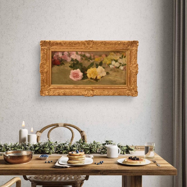 The Floral Still Life antique painting presented here is a refined painting of roses, Jeté de roses, an oil on canvas...