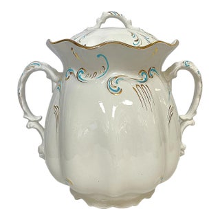 Vintage Large Lidded Porcelain Tureen With Gold and Blue Accents For Sale
