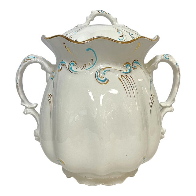 Vintage Large Lidded Porcelain Tureen With Gold and Blue Accents For Sale