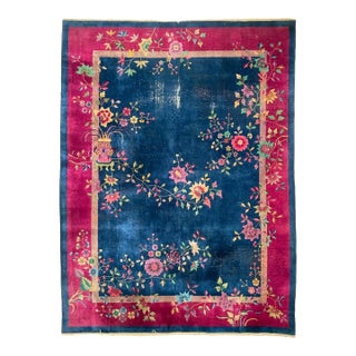 Antique Art Deco Asian Botanical Garden Magenta Rug 9.2 x 11.8 For Sale