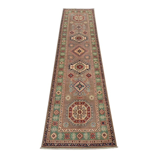 Kazak Runner 2’7” X 9’9” Brown Wool Tribal Hand-Knotted Oriental Rug For Sale
