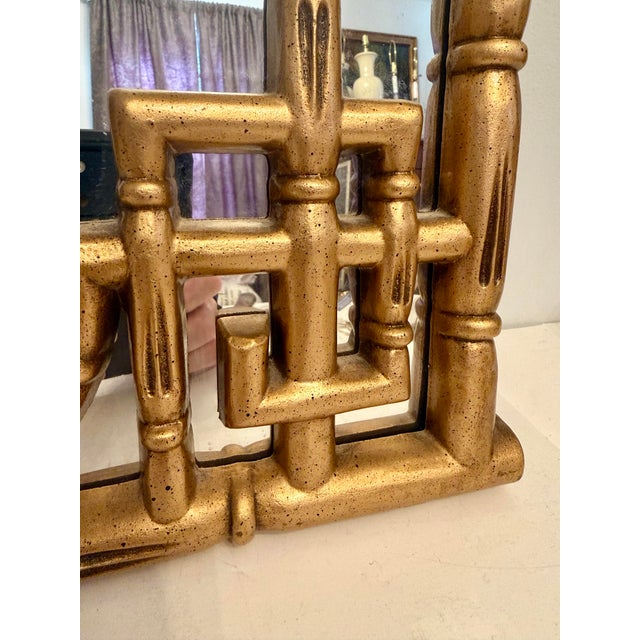 Hollywood Regency Chinese Chippendale Style Faux Bamboo Greek Key Gold Wall Mirror For Sale - Image 3 of 12